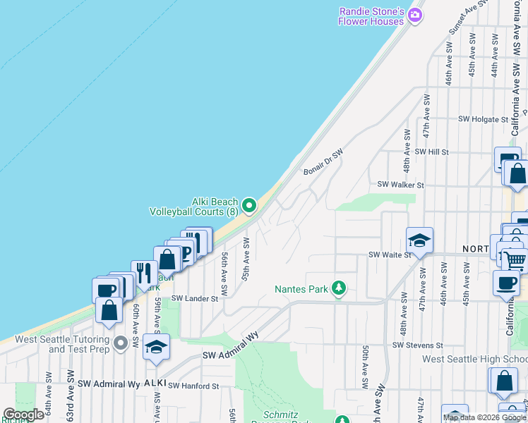 map of restaurants, bars, coffee shops, grocery stores, and more near 2318 Alki Avenue Southwest in Seattle