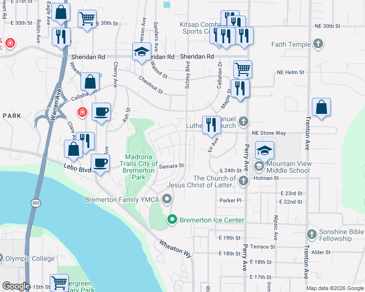 map of restaurants, bars, coffee shops, grocery stores, and more near 2430 Schley Boulevard in Bremerton