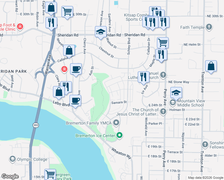 map of restaurants, bars, coffee shops, grocery stores, and more near 2431 Seringa Avenue in Bremerton