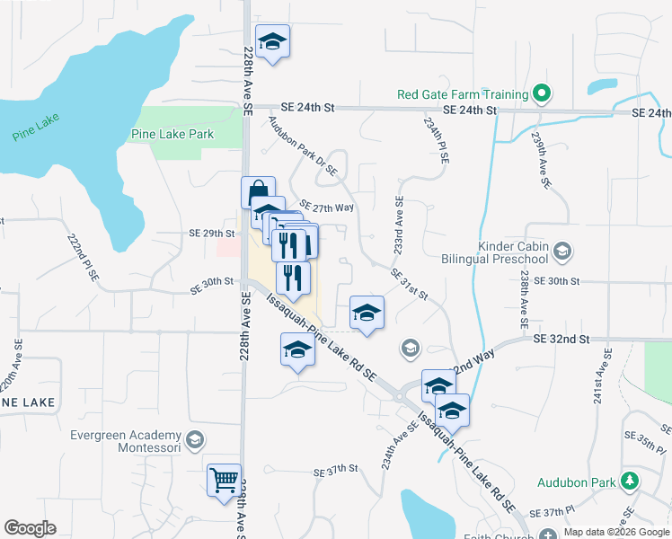 map of restaurants, bars, coffee shops, grocery stores, and more near 3021 231st Lane Southeast in Sammamish