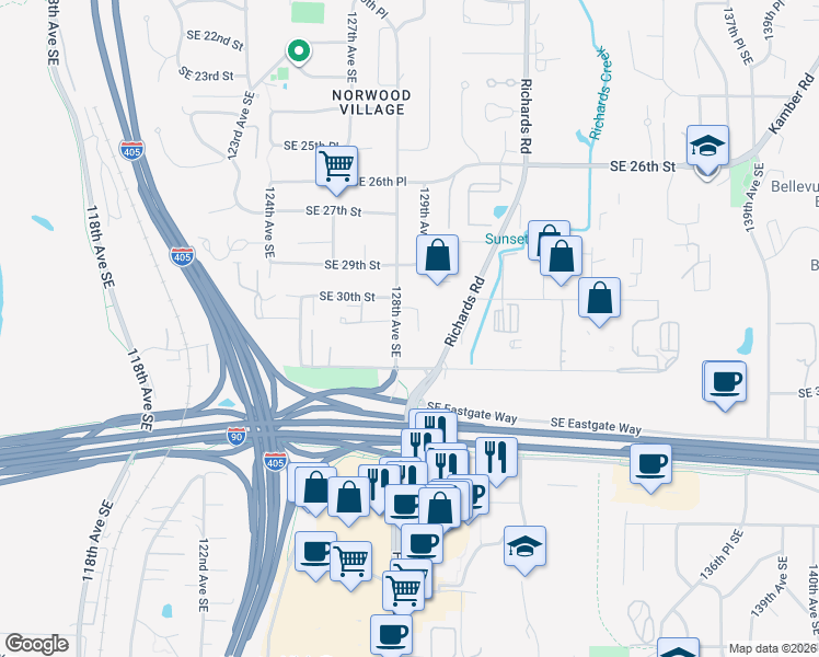 map of restaurants, bars, coffee shops, grocery stores, and more near 3058 128th Avenue Southeast in Bellevue