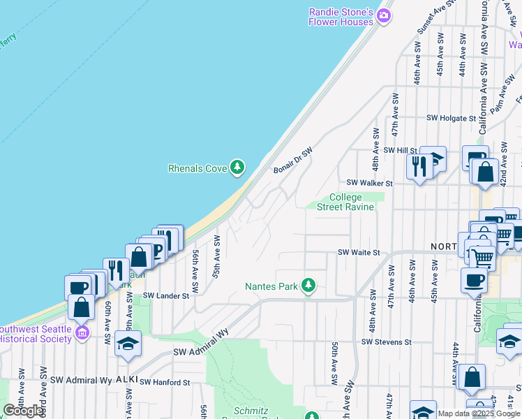 map of restaurants, bars, coffee shops, grocery stores, and more near 2344 Halleck Avenue Southwest in Seattle