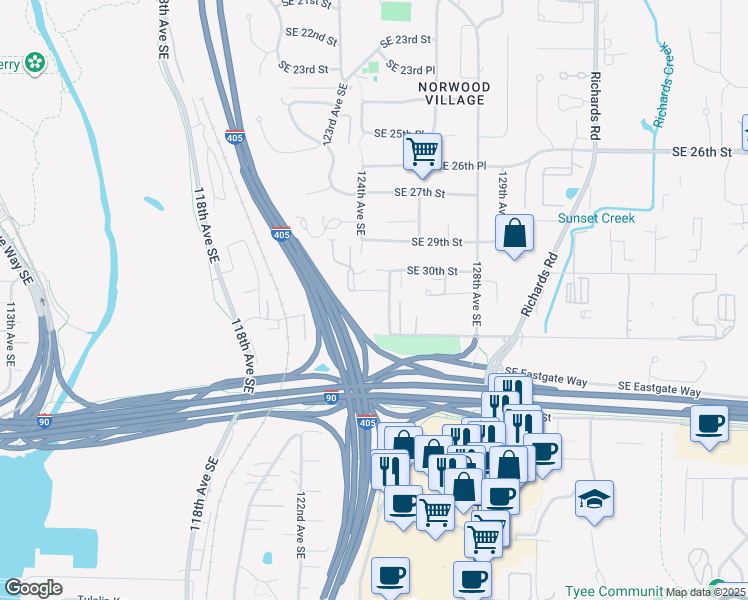 map of restaurants, bars, coffee shops, grocery stores, and more near 3105 125th Avenue Southeast in Bellevue