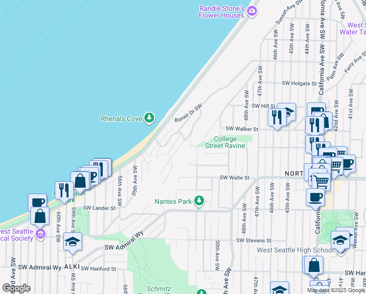 map of restaurants, bars, coffee shops, grocery stores, and more near 2312 Hughes Avenue Southwest in Seattle