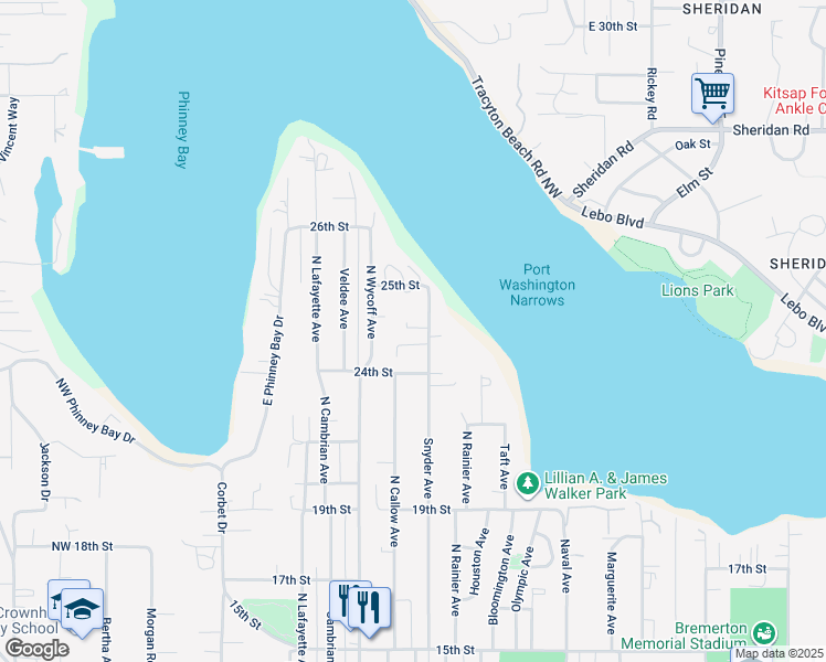 map of restaurants, bars, coffee shops, grocery stores, and more near 2431 Snyder Avenue in Bremerton