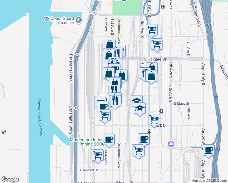map of restaurants, bars, coffee shops, grocery stores, and more near 2230 1st Avenue South in Seattle
