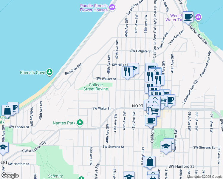 map of restaurants, bars, coffee shops, grocery stores, and more near 2308 48th Avenue Southwest in Seattle