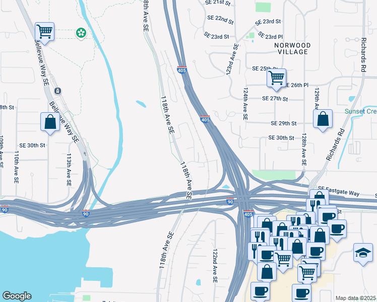 map of restaurants, bars, coffee shops, grocery stores, and more near 3308 118th Avenue Southeast in Bellevue