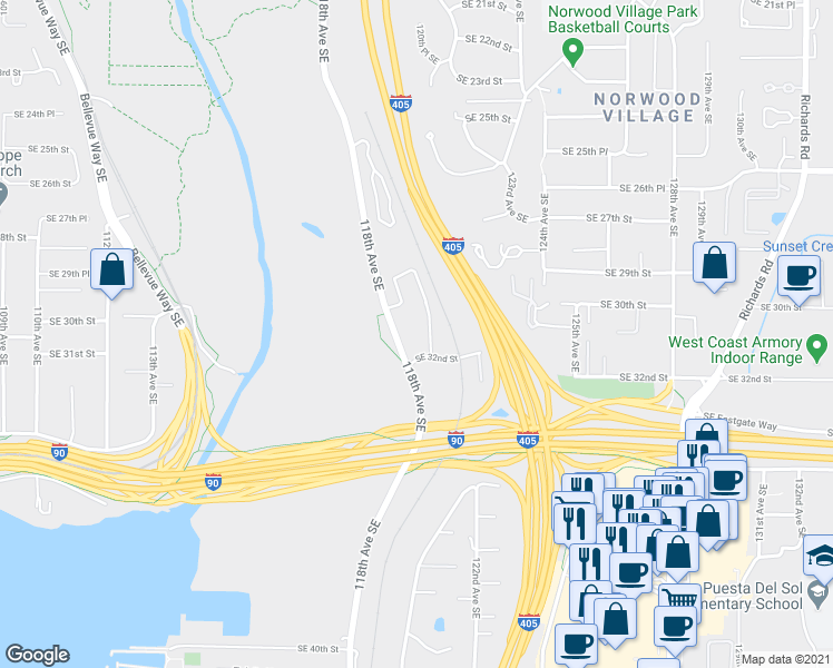 map of restaurants, bars, coffee shops, grocery stores, and more near 3308 118th Avenue Southeast in Bellevue