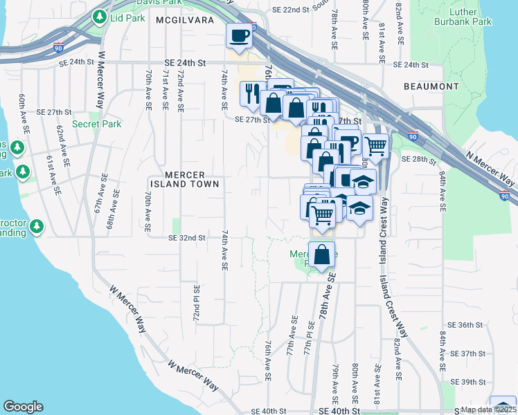 map of restaurants, bars, coffee shops, grocery stores, and more near 2947 76th Avenue Southeast in Mercer Island