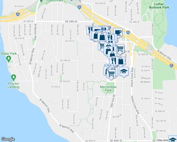 map of restaurants, bars, coffee shops, grocery stores, and more near 2947 76th Avenue Southeast in Mercer Island