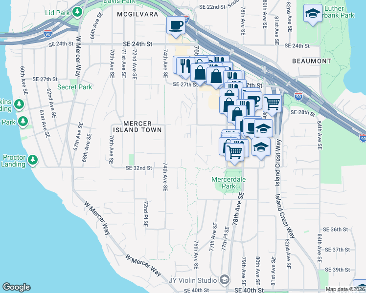 map of restaurants, bars, coffee shops, grocery stores, and more near 2948 74th Avenue Southeast in Mercer Island