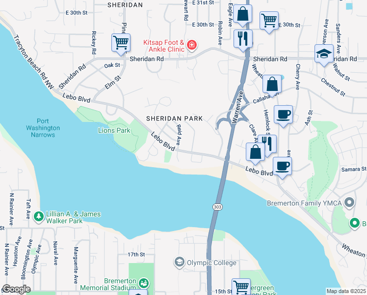 map of restaurants, bars, coffee shops, grocery stores, and more near 510 Lebo Boulevard in Bremerton