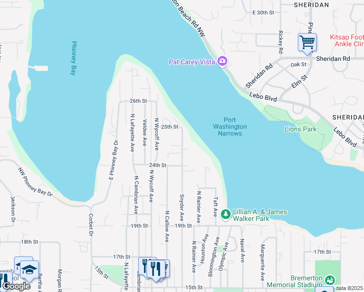 map of restaurants, bars, coffee shops, grocery stores, and more near 2431 Snyder Avenue in Bremerton
