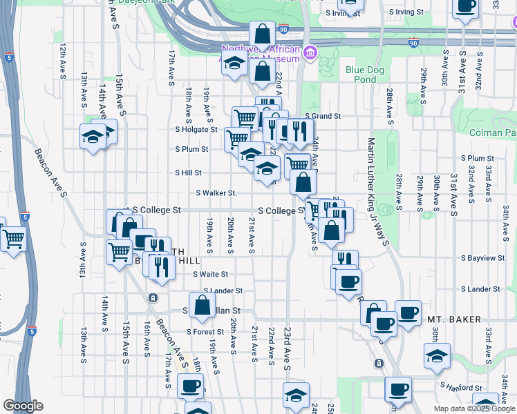 map of restaurants, bars, coffee shops, grocery stores, and more near 2216 21st Avenue South in Seattle