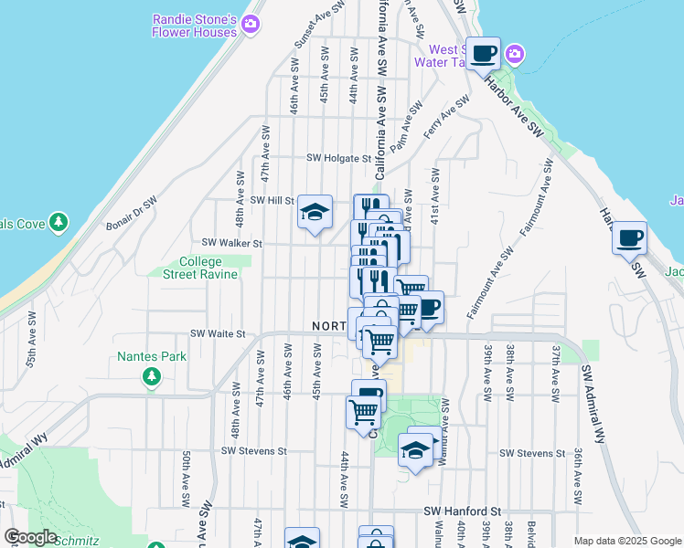 map of restaurants, bars, coffee shops, grocery stores, and more near 2229 44th Avenue Southwest in Seattle