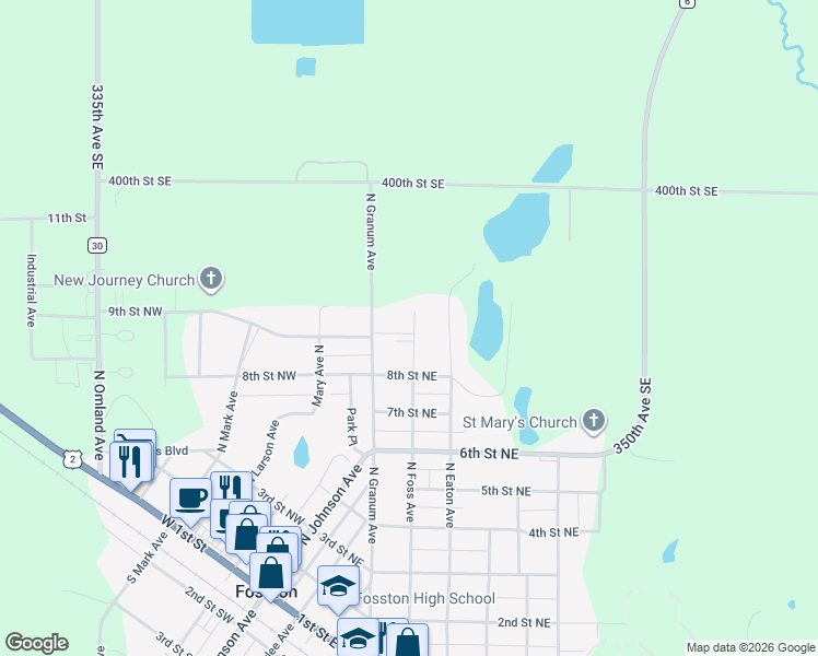 map of restaurants, bars, coffee shops, grocery stores, and more near 819 North Foss Avenue in Fosston