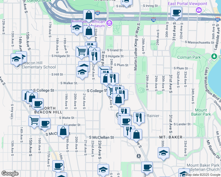 map of restaurants, bars, coffee shops, grocery stores, and more near Rainier Avenue South in Seattle