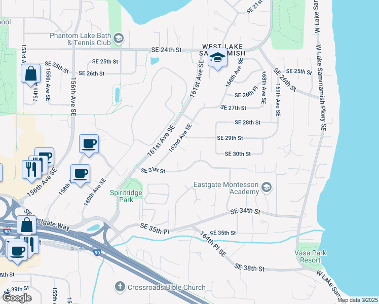 map of restaurants, bars, coffee shops, grocery stores, and more near 16226 Southeast 29th Place in Bellevue