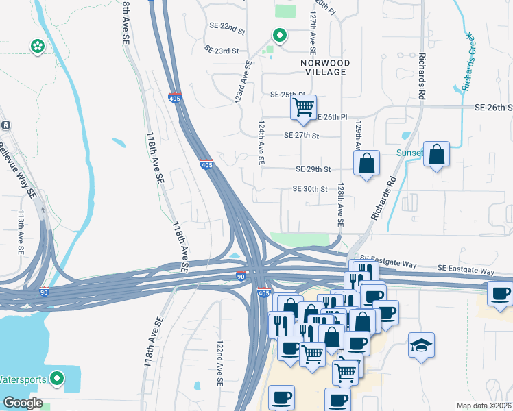 map of restaurants, bars, coffee shops, grocery stores, and more near 3050 125th Avenue Southeast in Bellevue