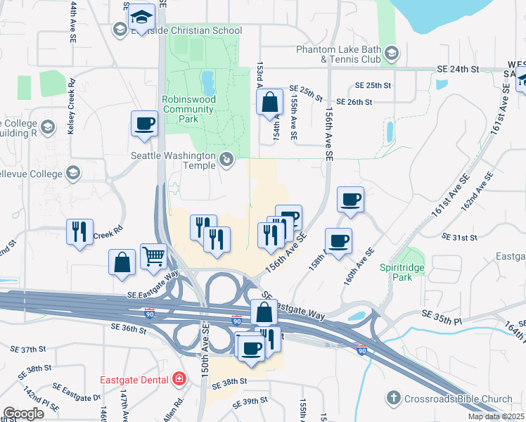 map of restaurants, bars, coffee shops, grocery stores, and more near 15375 Southeast 30th Place in Bellevue