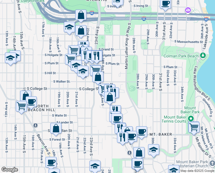 map of restaurants, bars, coffee shops, grocery stores, and more near 2464 South College Street in Seattle