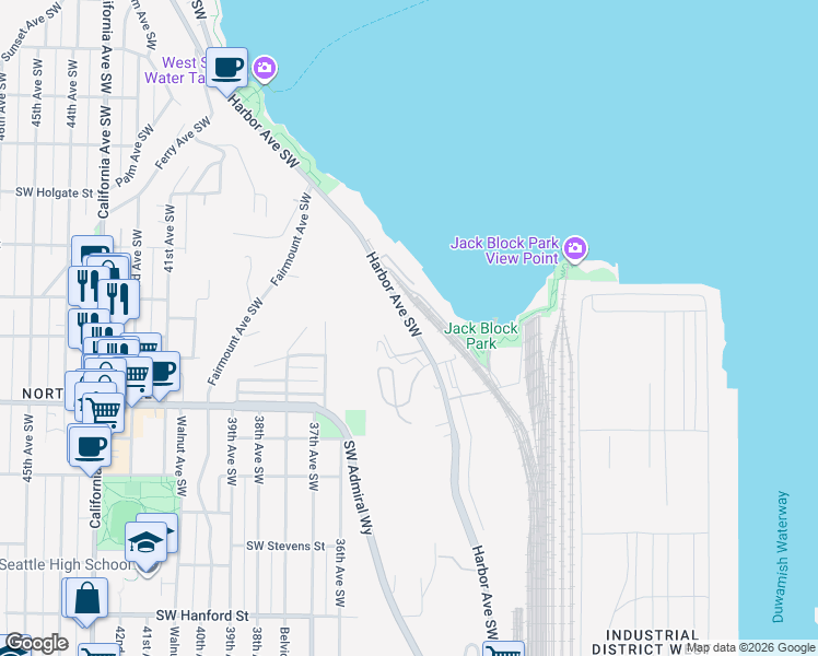 map of restaurants, bars, coffee shops, grocery stores, and more near 2287 Harbor Avenue Southwest in Seattle