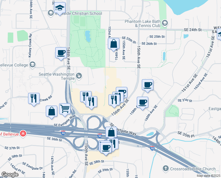 map of restaurants, bars, coffee shops, grocery stores, and more near 15395 Access Road in Bellevue