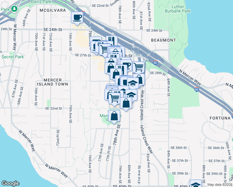 map of restaurants, bars, coffee shops, grocery stores, and more near in Mercer Island
