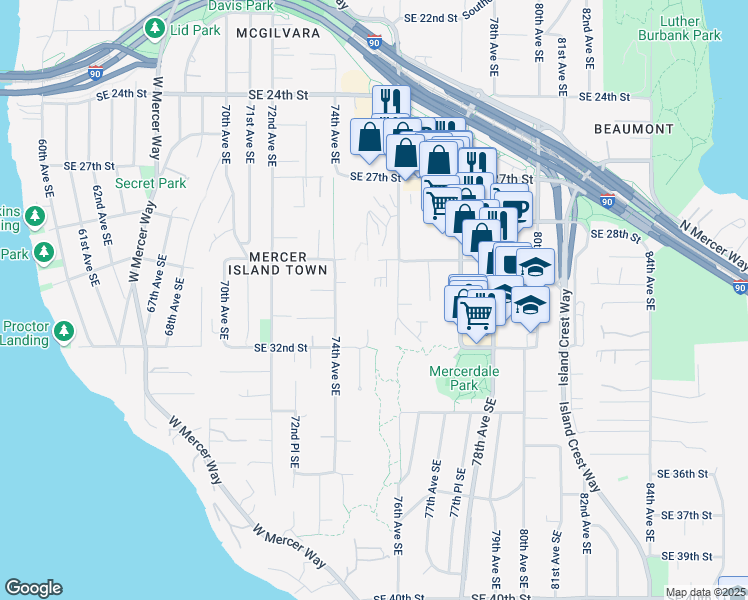 map of restaurants, bars, coffee shops, grocery stores, and more near 2948 74th Avenue Southeast in Mercer Island