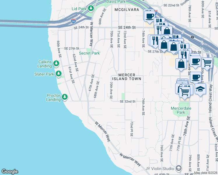 map of restaurants, bars, coffee shops, grocery stores, and more near 3029 70th Avenue Southeast in Mercer Island