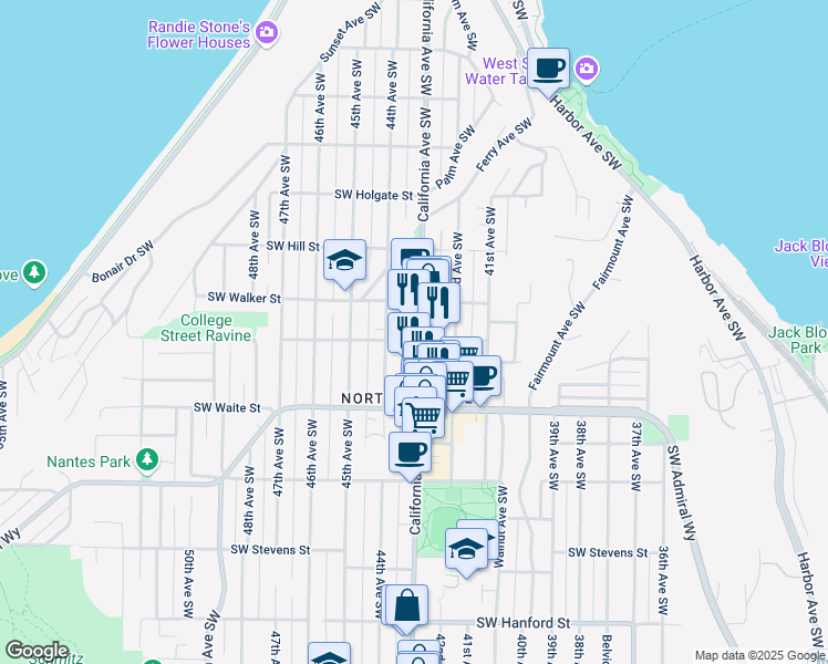 map of restaurants, bars, coffee shops, grocery stores, and more near 2301 California Avenue Southwest in Seattle