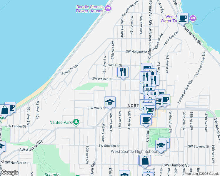 map of restaurants, bars, coffee shops, grocery stores, and more near 2308 48th Avenue Southwest in Seattle