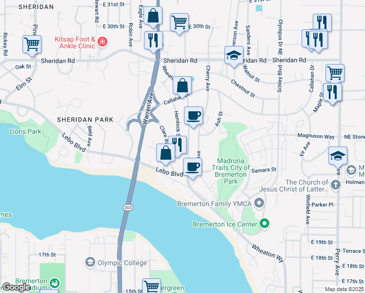 map of restaurants, bars, coffee shops, grocery stores, and more near 2700 Clare Avenue in Bremerton
