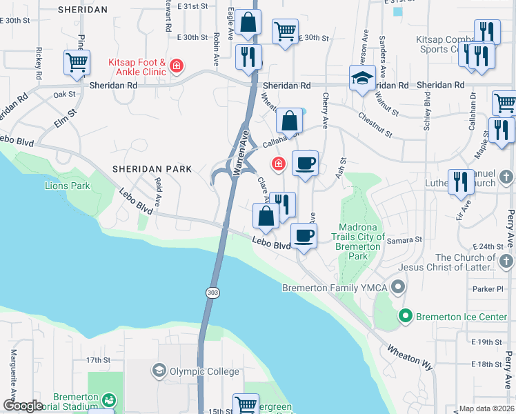map of restaurants, bars, coffee shops, grocery stores, and more near 2707 Clare Avenue in Bremerton