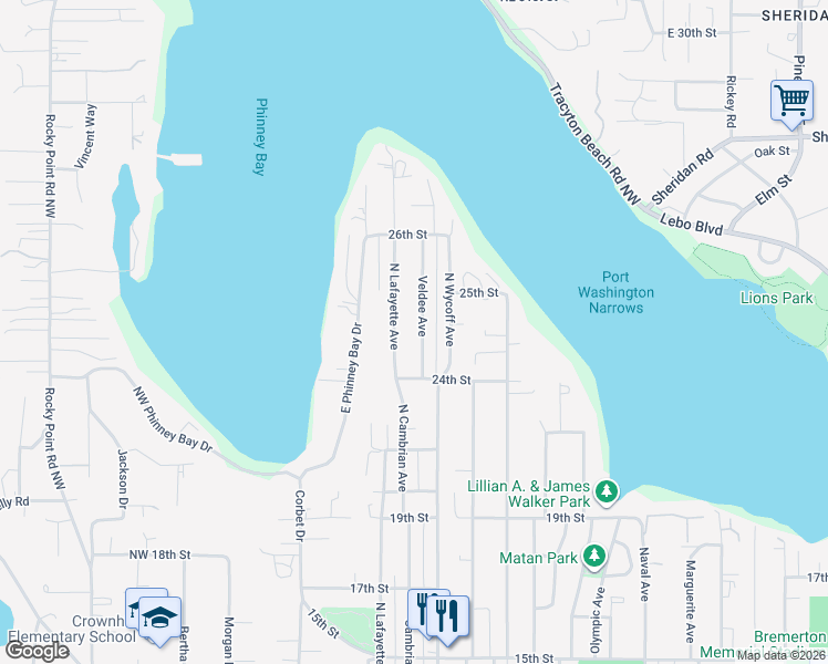 map of restaurants, bars, coffee shops, grocery stores, and more near 2429 Veldee Avenue in Bremerton