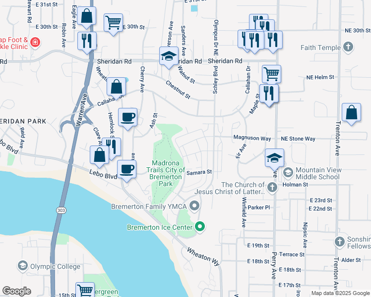 map of restaurants, bars, coffee shops, grocery stores, and more near 2431 Seringa Avenue in Bremerton