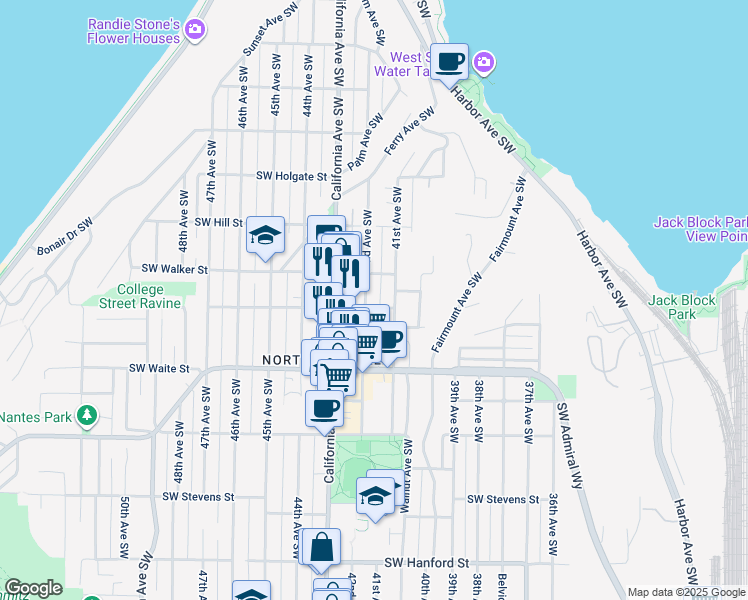 map of restaurants, bars, coffee shops, grocery stores, and more near 4118 Southwest College Street in Seattle