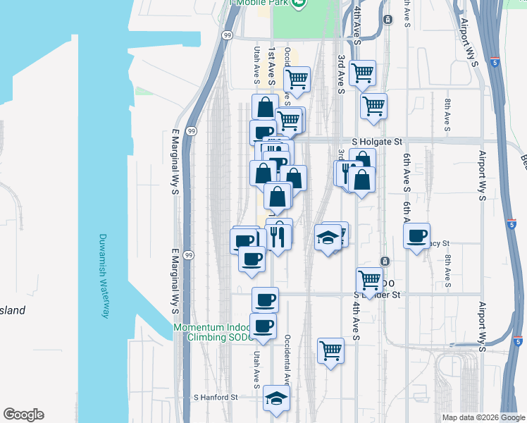 map of restaurants, bars, coffee shops, grocery stores, and more near 2225 1st Avenue South in Seattle