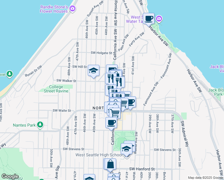 map of restaurants, bars, coffee shops, grocery stores, and more near 2301 California Avenue Southwest in Seattle