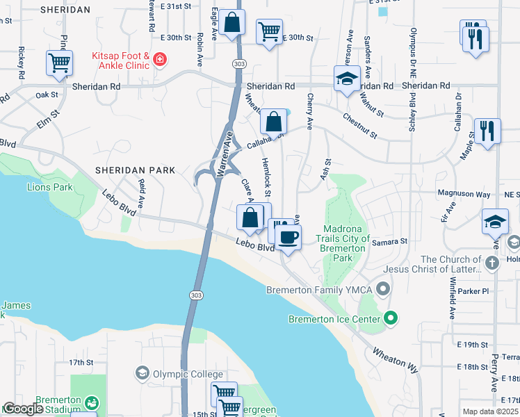 map of restaurants, bars, coffee shops, grocery stores, and more near 2700 Clare Avenue in Bremerton