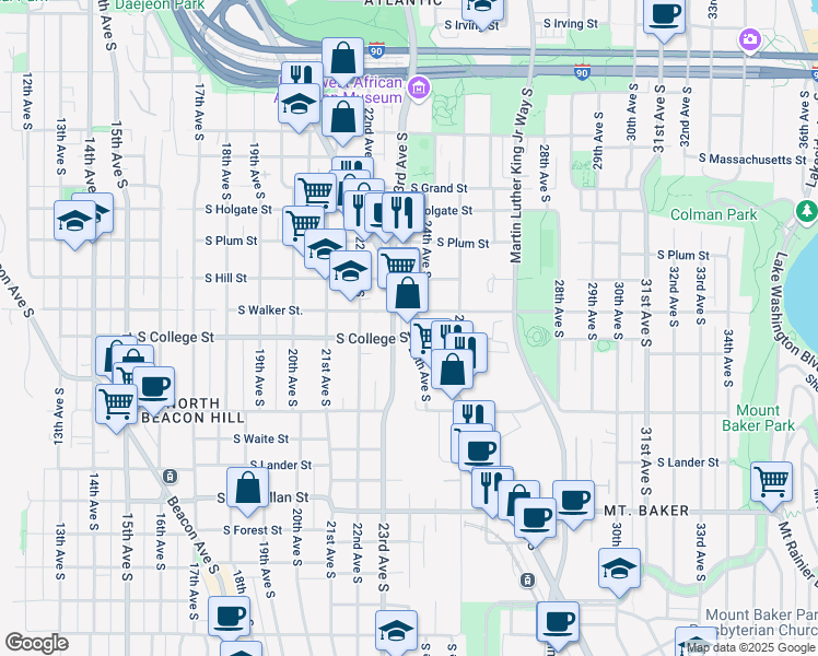 map of restaurants, bars, coffee shops, grocery stores, and more near 2213 Rainier Avenue South in Seattle