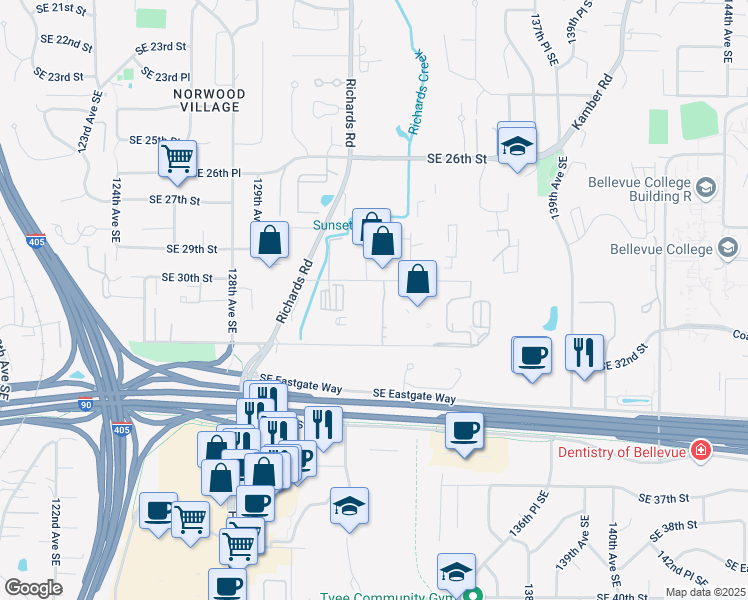 map of restaurants, bars, coffee shops, grocery stores, and more near 13215 Southeast 30th Street in Bellevue