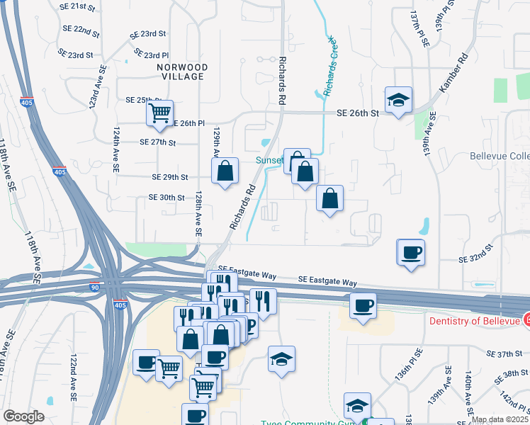 map of restaurants, bars, coffee shops, grocery stores, and more near 13111 Southeast 30th Street in Bellevue