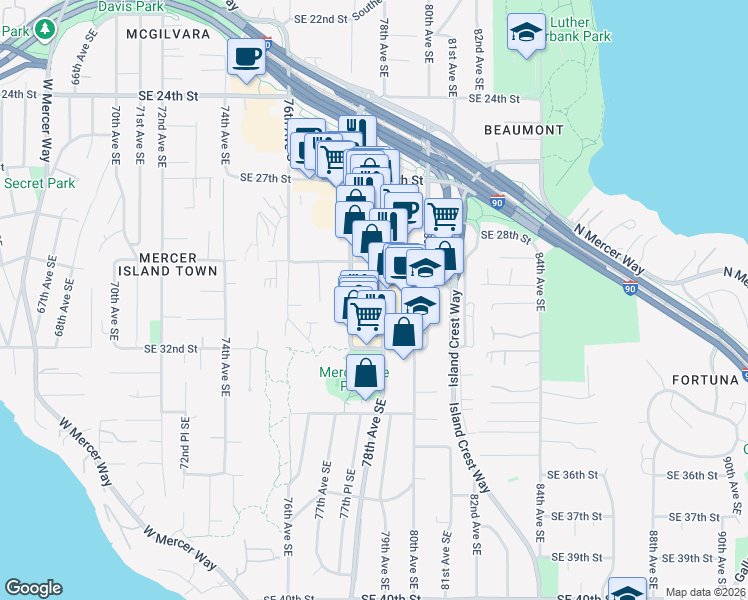 map of restaurants, bars, coffee shops, grocery stores, and more near in Mercer Island