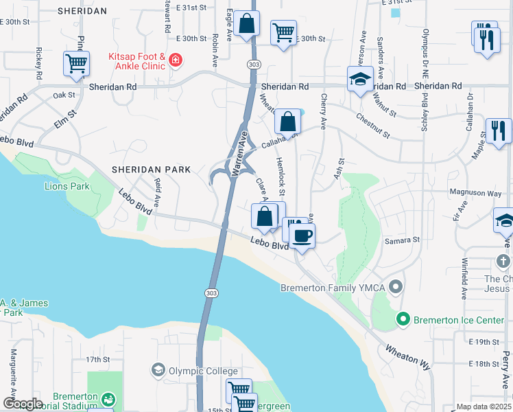 map of restaurants, bars, coffee shops, grocery stores, and more near 2707 Clare Avenue in Bremerton