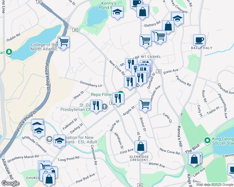map of restaurants, bars, coffee shops, grocery stores, and more near 17 Cherry Hill Road in St. John's