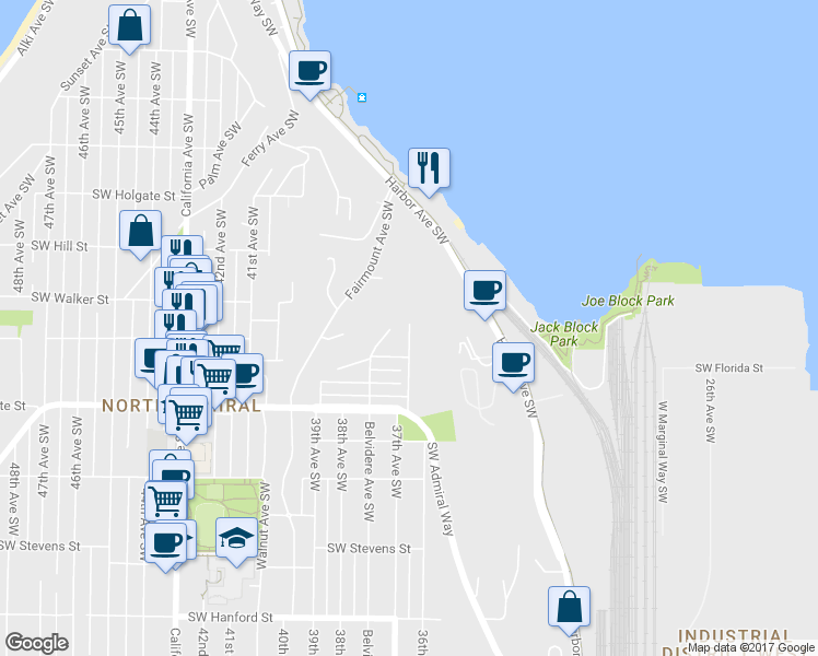 map of restaurants, bars, coffee shops, grocery stores, and more near 2271 37th Avenue Southwest in Seattle