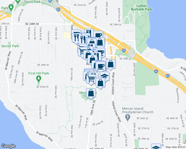 map of restaurants, bars, coffee shops, grocery stores, and more near in Mercer Island