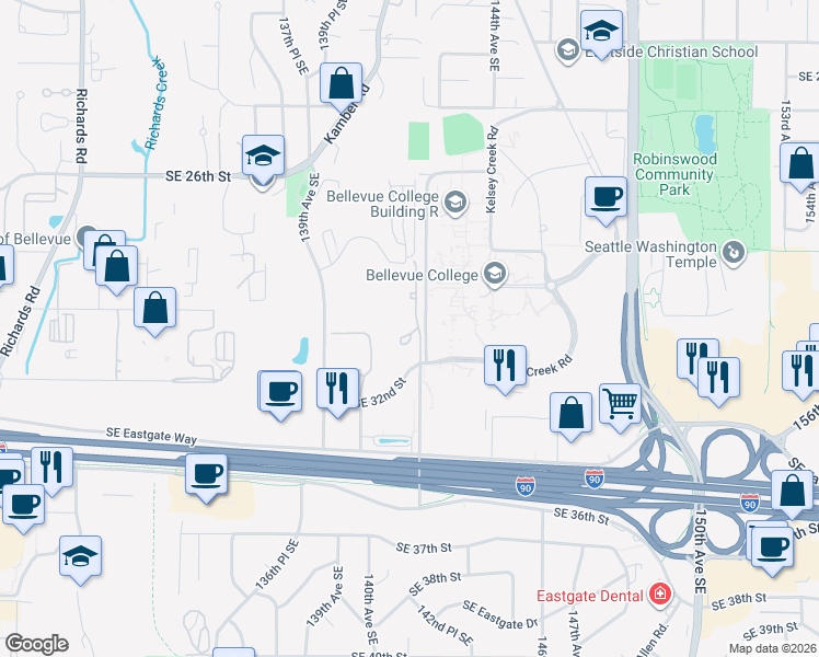 map of restaurants, bars, coffee shops, grocery stores, and more near 2969 142nd Place Southeast in Bellevue
